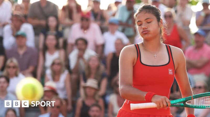 Emma Raducanu sighs as she watches the ball go past her for a winner at the 2026 French Open