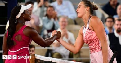Sloane Stephens and Aryna Sabalenka shake hands after their night match in 2023