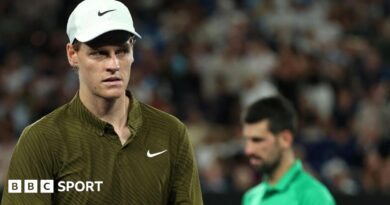 Jannik Sinner and Novak Djokovic react during their Australian Open semi-final