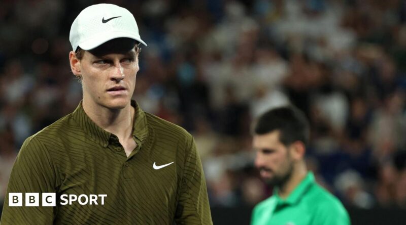 Jannik Sinner and Novak Djokovic react during their Australian Open semi-final