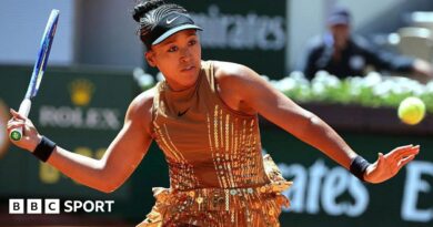 Naomi Osaka wears a gold sequined dress in the first round at the French Open