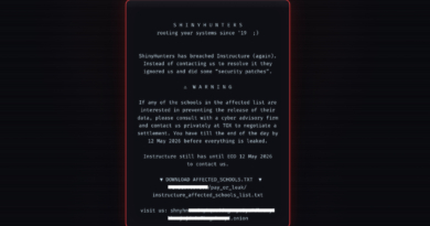 A redacted screenshot of the message ShinyHunters left on the hacked login pages of Instructure's platform Canvas.