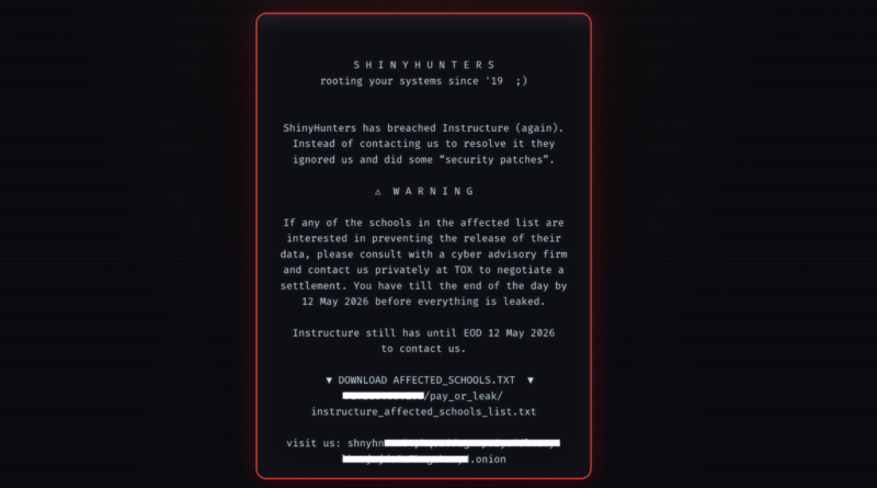 A redacted screenshot of the message ShinyHunters left on the hacked login pages of Instructure's platform Canvas.