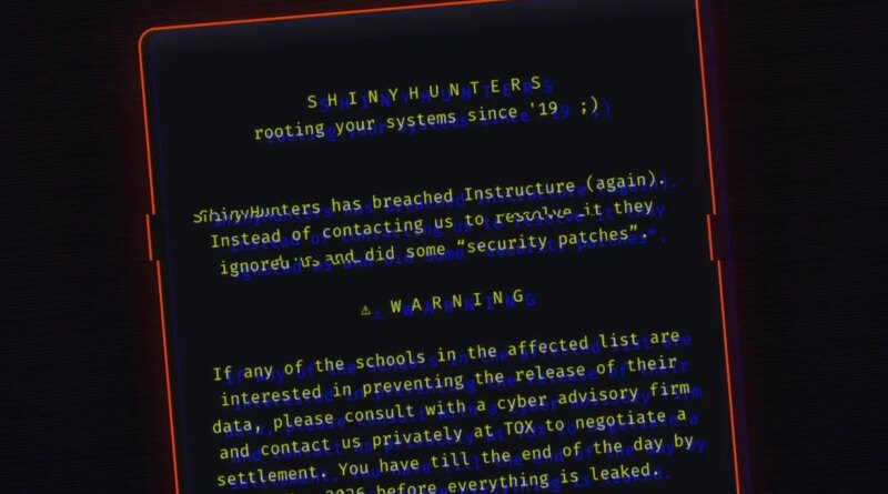 A redacted screenshot of the message ShinyHunters left on the hacked login pages of Instructure's platform Canvas.