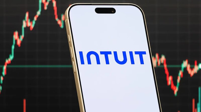 a smartphone displays the logo of Intuit Inc