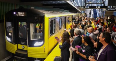 One of the first trains open to the public arrives to the Wilshire/Fairfax station during the opening of the Metro D Line subway extension in Los Angeles on May 8, 2026.