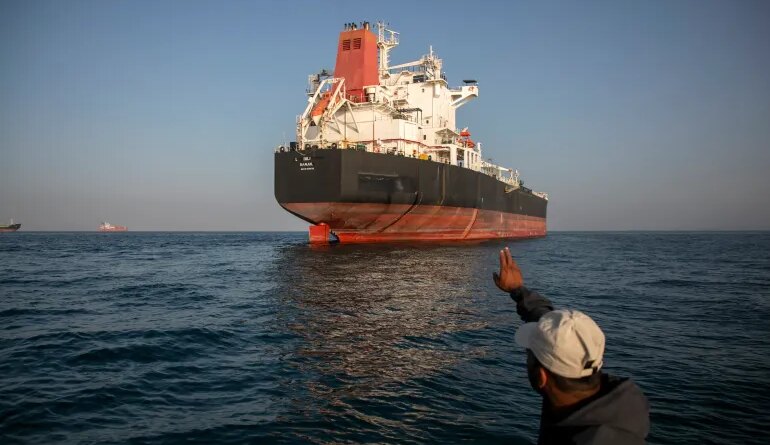 STRAIT OF HORMUZ, IRAN - MAY 16: A ship remains anchored on May 16, 2026 in the Strait of Hormuz near Larak Island, Iran. Negotiations between the U.S. and Iran over opening this critical waterway have largely stalled as the countries have rejected each other's proposals to end the war that began when the U.S. and Israel attacked Iran on February 28. (Photo by Majid Saeedi/Getty Images)