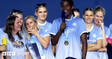 Khadija Shaw pictured during Manchester City's parade after winning the Women's Super League title