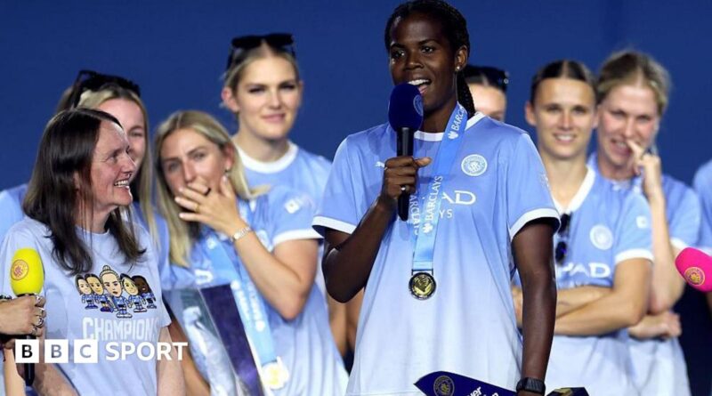 Khadija Shaw pictured during Manchester City's parade after winning the Women's Super League title