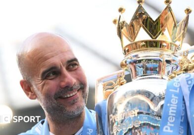 Pep Guardiola holds up six fingers to fans to indicate the six Premier League titles won after their match with Liverpool in December 2024 