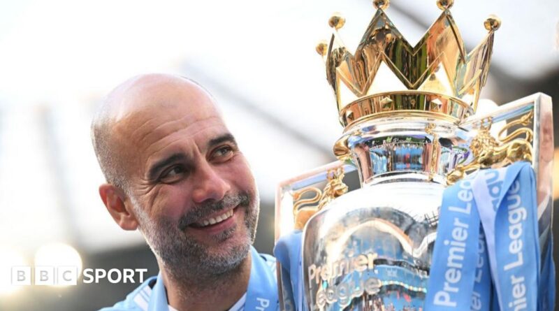 Pep Guardiola holds up six fingers to fans to indicate the six Premier League titles won after their match with Liverpool in December 2024