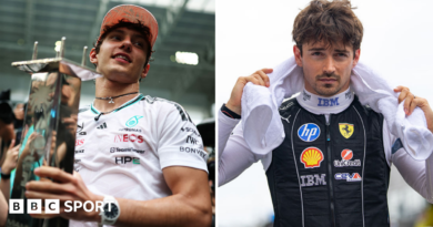 A split image of Kimi Antonelli and Charles Leclerc