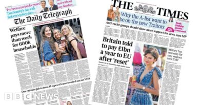 Newspaper headlines: 'No money for new weapons' and 'Cost of pint hits £10'
