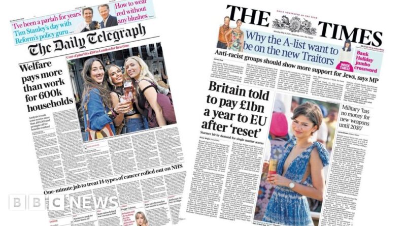 Newspaper headlines: 'No money for new weapons' and 'Cost of pint hits £10'