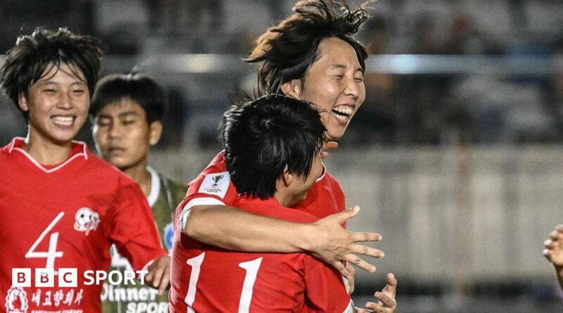 Ri Kum-Hyang of Naegohyang Women's FC celebrates with team-mates after scoring a goal during the AFC Women's Champions League match between Naegohyang and ISPE