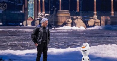 Jensen Huang, chief executive officer of Nvidia Corp., and Olaf, a robotic character from the Disney movie Frozen, during a keynote address at the Nvidia GTC conference in San Jose, California, US, on Monday, March 16, 2026. Nvidia Corp., the company at the center of an explosive build-out of AI computing, expects to generate at least $1 trillion from its Blackwell and Rubin chips through the end of 2027.