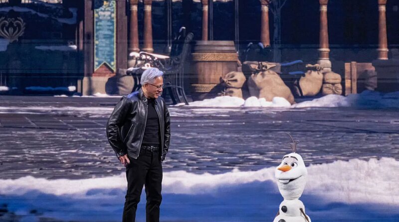 Jensen Huang, chief executive officer of Nvidia Corp., and Olaf, a robotic character from the Disney movie Frozen, during a keynote address at the Nvidia GTC conference in San Jose, California, US, on Monday, March 16, 2026. Nvidia Corp., the company at the center of an explosive build-out of AI computing, expects to generate at least $1 trillion from its Blackwell and Rubin chips through the end of 2027.