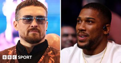 Oleksandr Usyk wearing sunglasses and and orange vest and Anthony Joshua wearing a white t-shirt