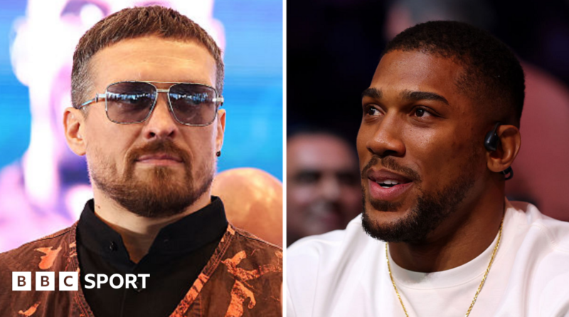 Oleksandr Usyk wearing sunglasses and and orange vest and Anthony Joshua wearing a white t-shirt