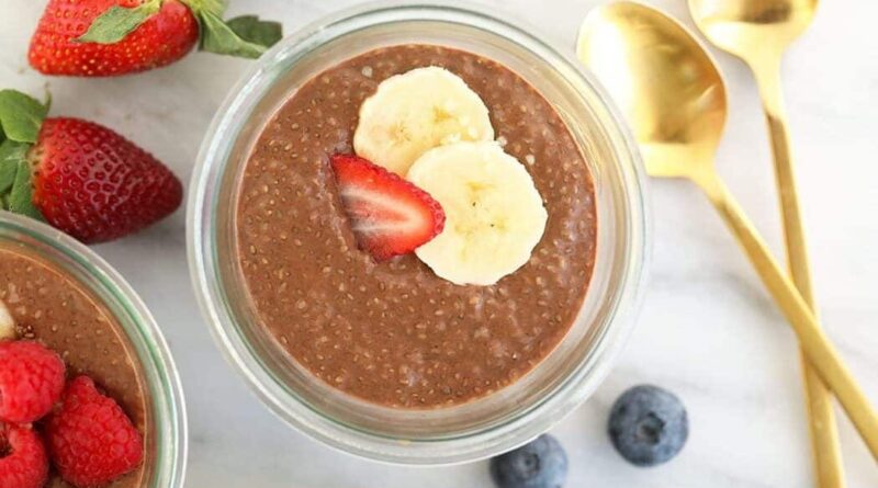 Chia protein pudding in a cup with toppings