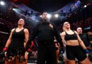 INGLEWOOD, CALIFORNIA - MAY 16: Gina Carano and Ronda Rousey stand with referee John McCarthy after their featherweight bout during the main card of Netflix's Ronda Rousey vs. Gina Carano at Intuit Dome on May 16, 2026 in Inglewood, California. Sarah Stier/Getty Images for Netflix/AFP (Photo by Sarah Stier / GETTY IMAGES NORTH AMERICA / Getty Images via AFP)