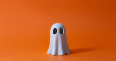 Cute Halloween Ghost over orange background.