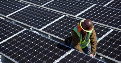 A man inspects solar panels.
