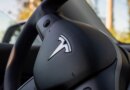 Tesla logo on steering wheel