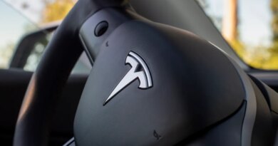Tesla logo on steering wheel