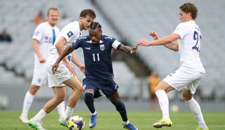 AUCKLAND, NEW ZEALAND - MARCH 30: Garry Rodrigues of Cape Verde is challenged by Onni Valakari of Finland during the FIFA Series match between Cape Verde and Finland at Eden Park on March 30, 2026 in Auckland, New Zealand. (Photo by Phil Walter/Getty Images)