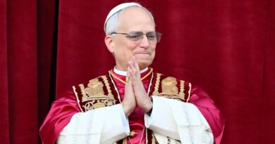Pope Leo XIV, Robert Prevost arrives on the main central loggia balcony of the St Peter's Basilica for the first time.