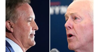 This photo combination shows Texas Attorney General Ken Paxton, left, in Dallas and Sen. John Cornyn, R-Texas, in Austin