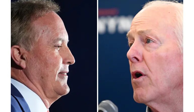 This photo combination shows Texas Attorney General Ken Paxton, left, in Dallas and Sen. John Cornyn, R-Texas, in Austin