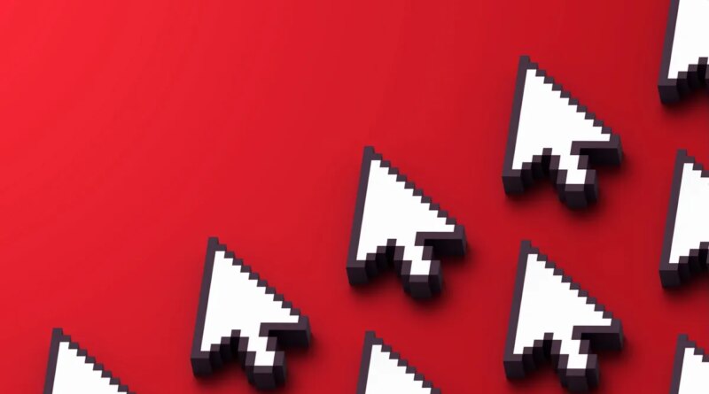 a bunch of pixelated mouse cursors on a red background