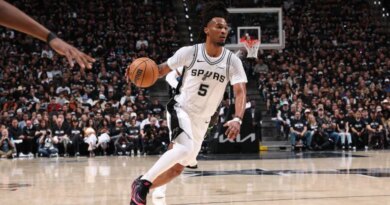 SAN ANTONIO, TX - MAY 6: Stephon Castle #5 of the San Antonio Spurs drives to the basket during the game against the Minnesota Timberwolves during Round Two Game Two of the 2026 NBA Playoffs on May 6, 2026 at the Frost Bank Center in San Antonio, Texas. NOTE TO USER: User expressly acknowledges and agrees that, by downloading and or using this photograph, user is consenting to the terms and conditions of the Getty Images License Agreement. Mandatory Copyright Notice: Copyright 2026 NBAE Joe Murphy/NBAE via Getty Images/AFP (Photo by JOE MURPHY / NBAE / Getty Images / Getty Images via AFP)