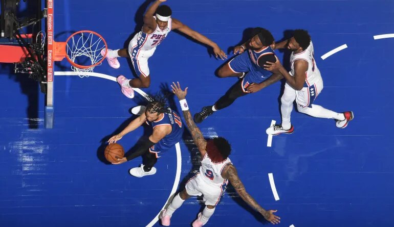 PHILADELPHIA, PA - MAY 8: Jalen Brunson #11 of the New York Knicks drives to the basket during the game against the Philadelphia 76ers during Round Two Game Three of the 2026 NBA Playoffs on May 8, 2026 at the Wells Fargo Center in Philadelphia, Pennsylvania NOTE TO USER: User expressly acknowledges and agrees that, by downloading and/or using this Photograph, user is consenting to the terms and conditions of the Getty Images License Agreement. Mandatory Copyright Notice: Copyright 2026 NBAE Jesse D. Garrabrant/NBAE via Getty Images/AFP (Photo by Jesse D. Garrabrant / NBAE / Getty Images / Getty Images via AFP)