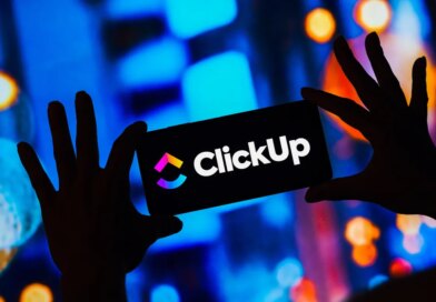 ClickUp logo on a smartphone