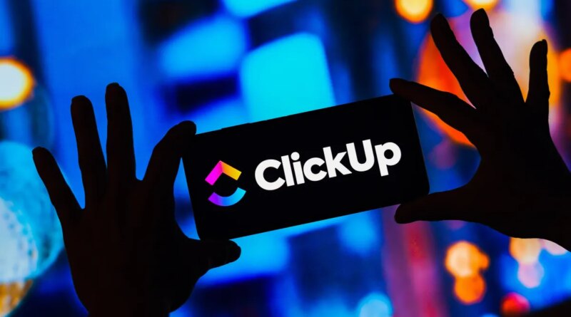 ClickUp logo on a smartphone