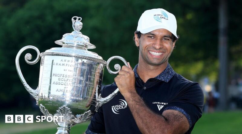 Aaron Rai with the US PGA Championship trophy