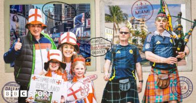 Visual of a family of England supporters and pair of Scotland fans on a background of a postcard that depicts New York and Miami as 2026 World Cup host cities