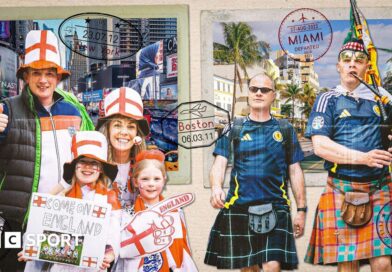 Visual of a family of England supporters and pair of Scotland fans on a background of a postcard that depicts New York and Miami as 2026 World Cup host cities