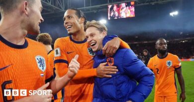Matthijs de Ligt of Holland, Virgil van Dijk of Holland, Frenkie de Jong of Holland celebrate qualifying for the 2026 FIFA World Cup