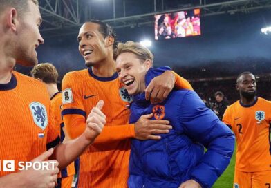 Matthijs de Ligt of Holland, Virgil van Dijk of Holland, Frenkie de Jong of Holland celebrate qualifying for the 2026 FIFA World Cup