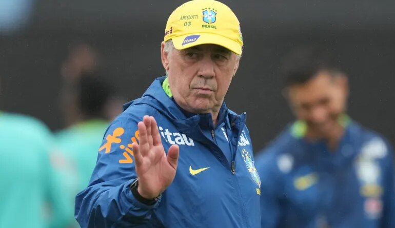 FILE - Brazil's coach Carlo Ancelotti gestures during a training session ahead of a friendly soccer match against South Korea in Goyang, South Korea, Tuesday, Oct. 7, 2025. (AP Photo/Lee Jin-man, File)