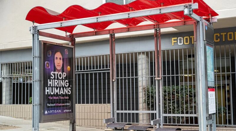 Bus stop shelter with red canopy and ad for Artisan AI reading "Stop Hiring Humans" and "For Work They Hate" on city sidewalk, San Francisco, California, September 30, 2025. (Photo by Smith Collection/Gado/Getty Images)