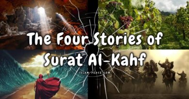 Illustration of the four stories of Surah Al-Kahf including People of the Cave, the man with two gardens, Musa and Al-khidr, and Dhul Qarnayn