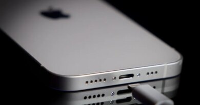 A Apple Lightning port charging cable is seen with with an iPhone.