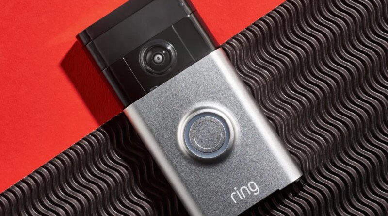 Ring video camera doorbell on a red plain and black textured background.
