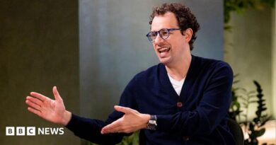 Dario Amodei, co-founder and chief executive officer of Anthropic, speaking during an interview in a room decorated with plants