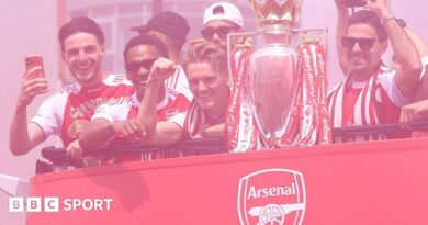Arsenal players and manager Mikel Arteta with the Premier League trophy